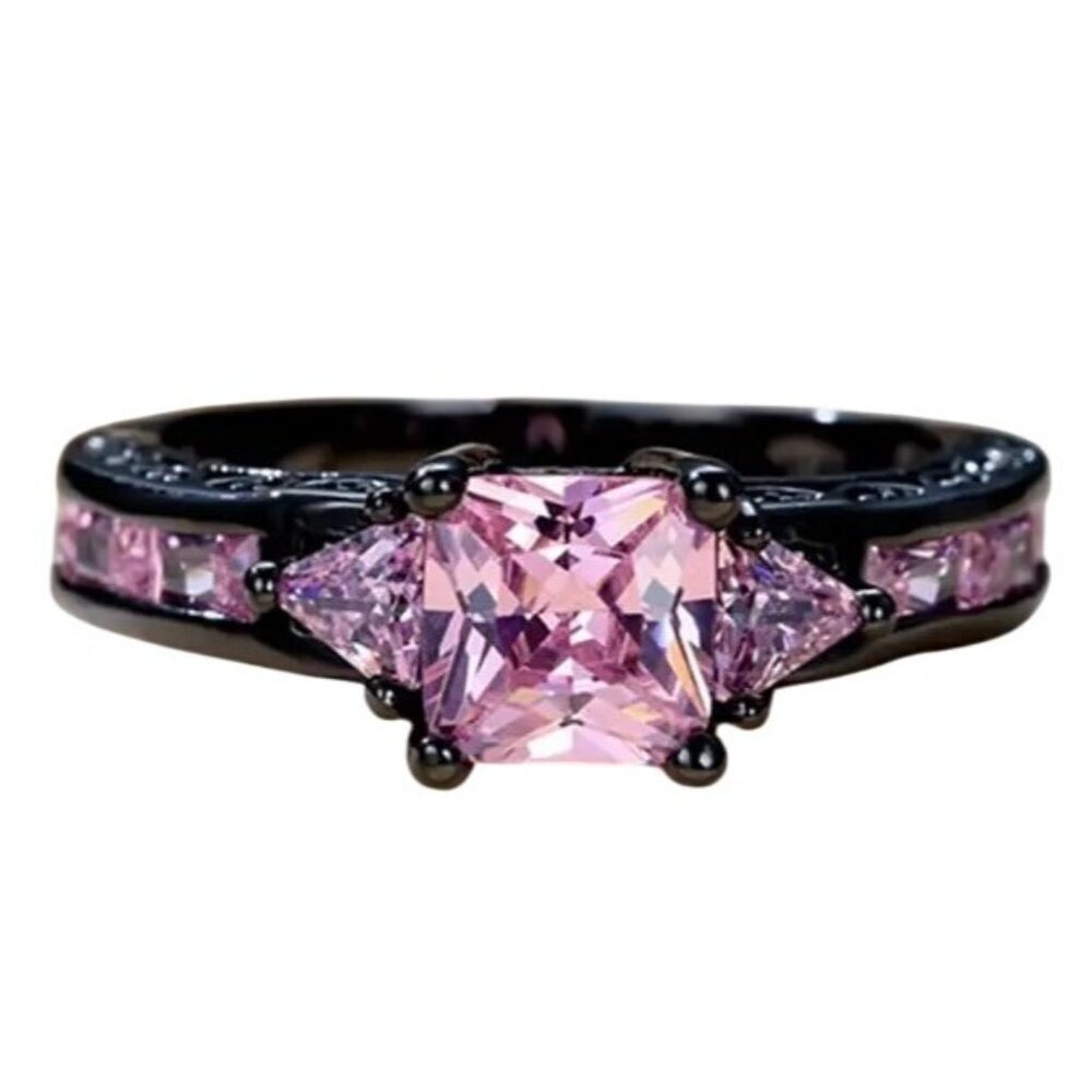 Pink Sapphire Gunmetal Black Engagement Wedding Ring In Rhodium black plating